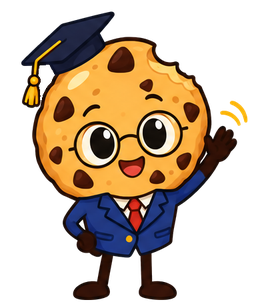 Biscuit, a chocolate-chip biscuit in a graduation cap